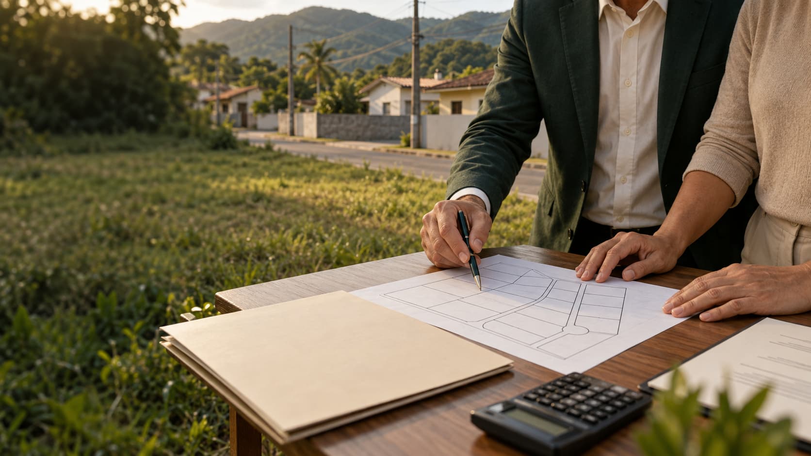 Análise de planta, documentos e orçamento ao lado de um terreno residencial.